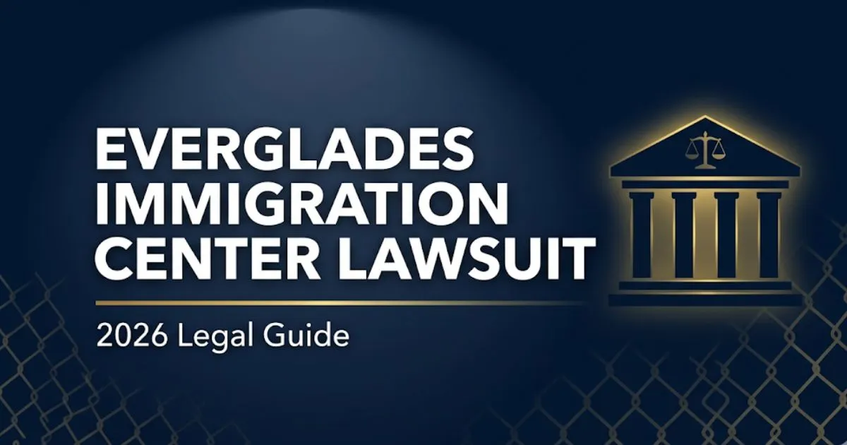 Everglades immigration center lawsuit 2026 legal guide banner with courthouse silhouette and justice scale icons