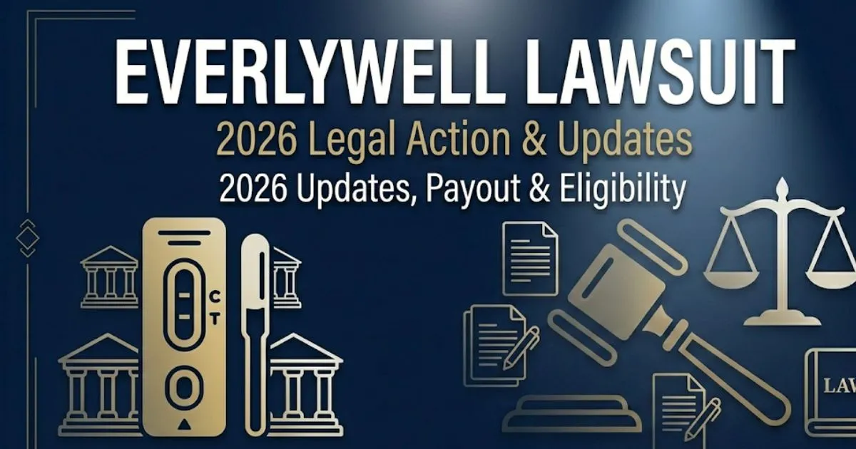 Everlywell lawsuit 2026 blog banner with legal scales and at-home test kit imagery