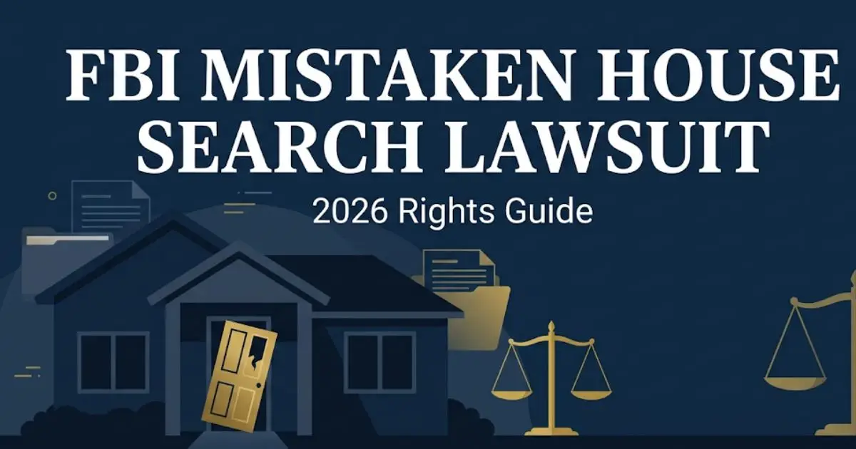 FBI mistaken house search lawsuit 2026 guide banner with scales of justice and home silhouette