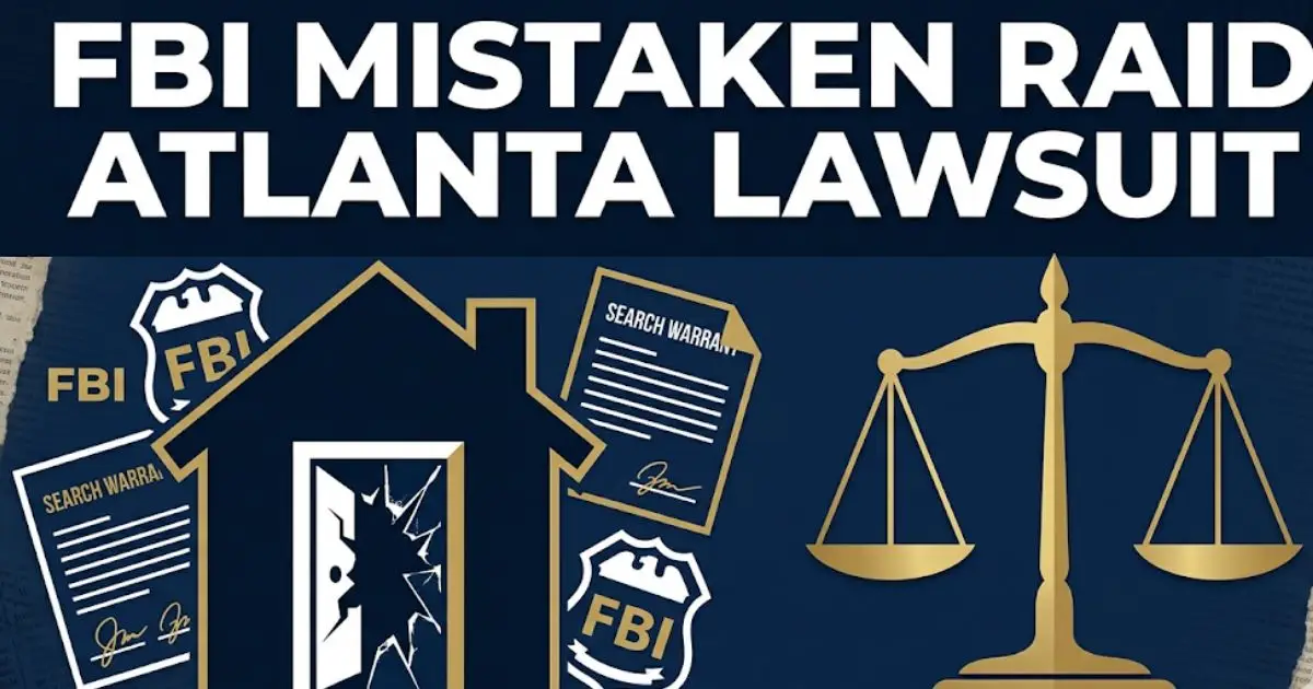 FBI mistaken raid Atlanta lawsuit headline with house and legal symbols showing federal accountability case