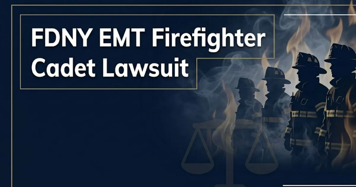 FDNY EMT firefighter cadet lawsuit 2026 guide banner with silhouetted firefighters and legal scales on navy background