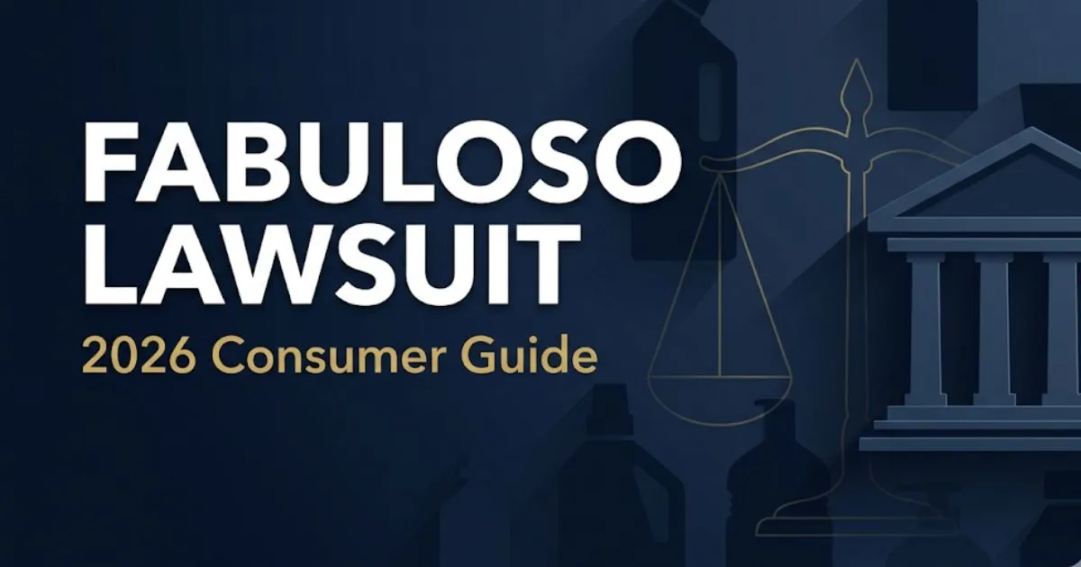Fabuloso lawsuit 2026 consumer guide banner with legal scales and courthouse silhouette on navy background