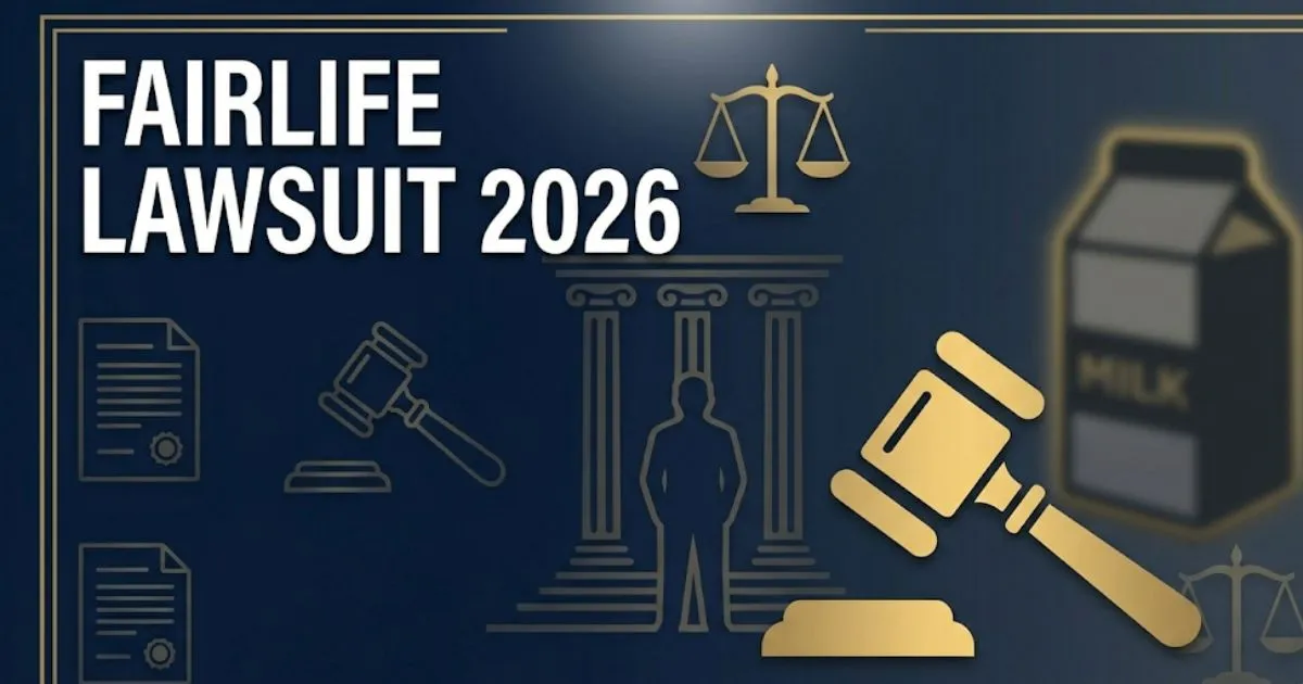 Fairlife lawsuit 2026 editorial banner with gavel silhouette and legal scale on deep navy background