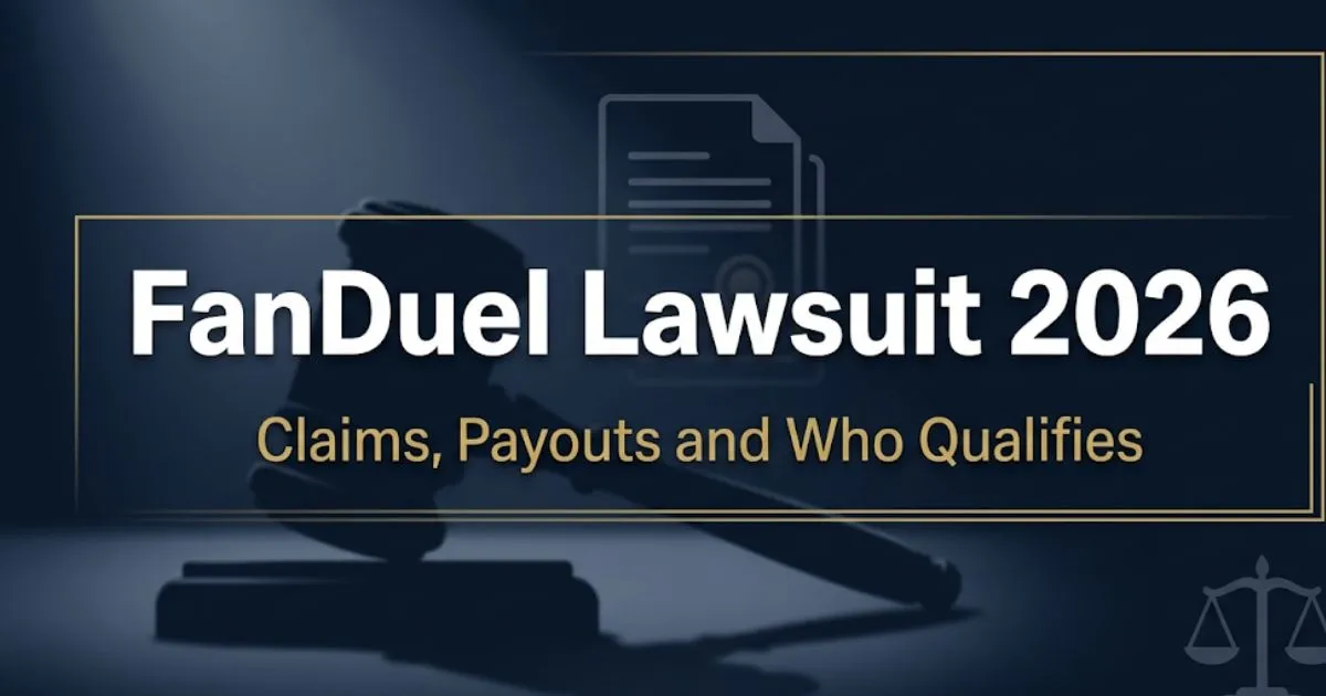 FanDuel lawsuit 2026 banner showing legal gavel, scales of justice, and headline text on navy background