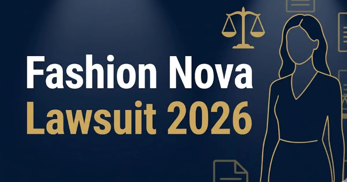 Fashion Nova Lawsuit 2026 blog banner with legal scales, consumer silhouette, and bold headline text on navy background
