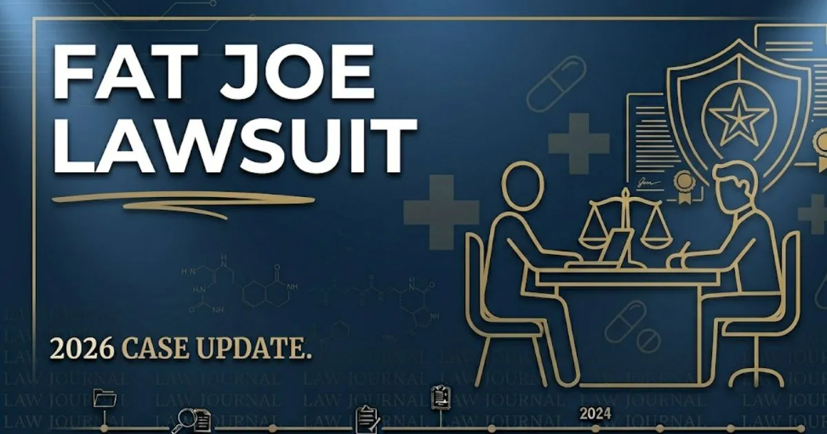 Fat Joe lawsuit 2026 case update banner with legal scales and gavel icons on navy background
