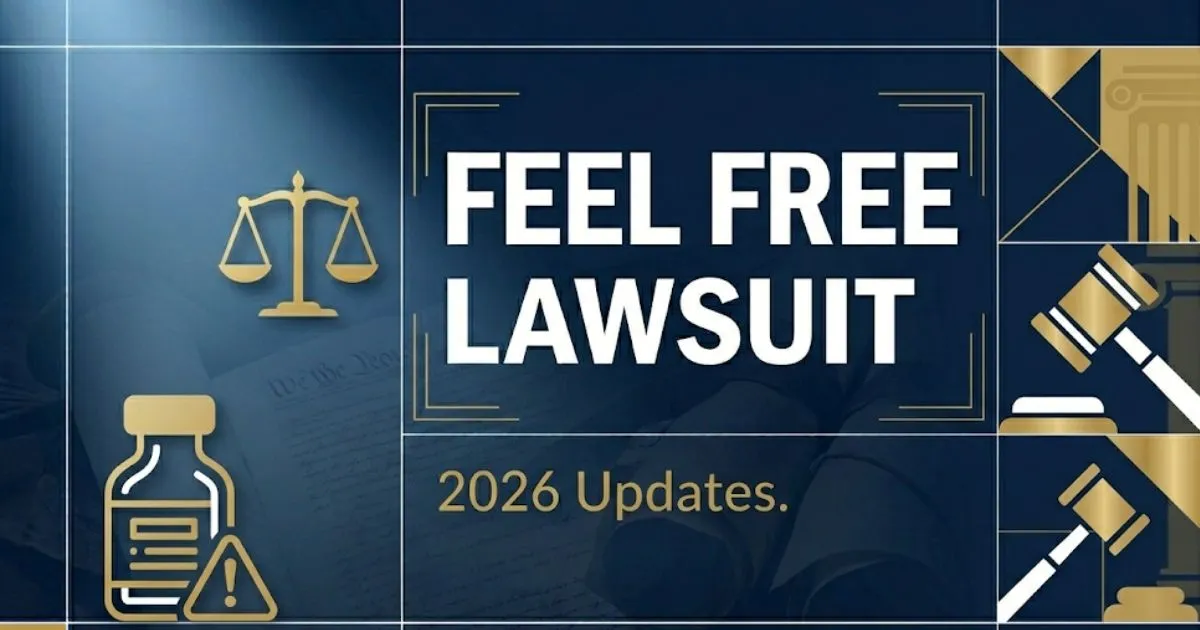 Feel free lawsuit 2026 blog banner with legal gavel and tonic bottle icons on navy background