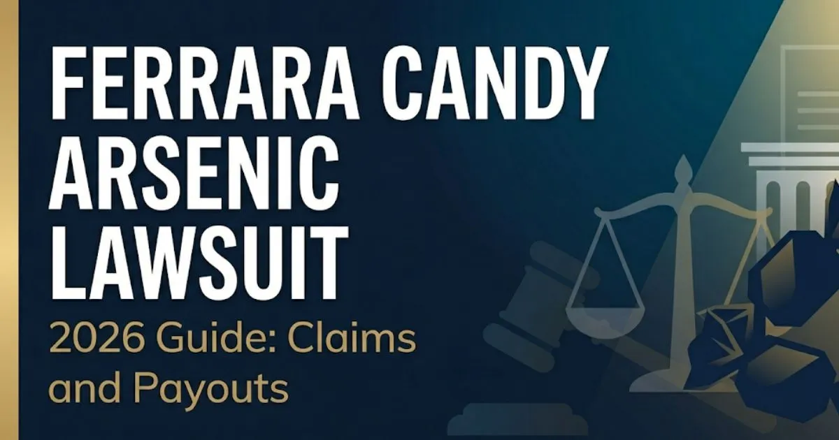 Ferrara Candy Arsenic Lawsuit 2026 banner with legal scales and candy wrapper silhouettes on navy background