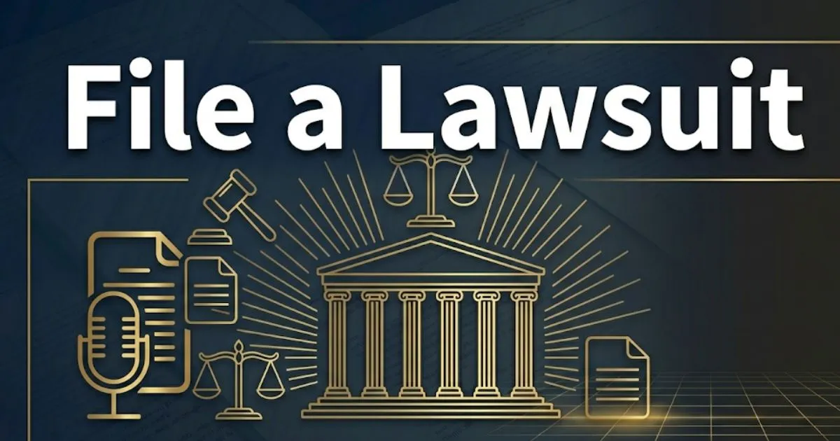 File a lawsuit guide 2026 with courthouse silhouette, legal gavel, and scales of justice on navy background.