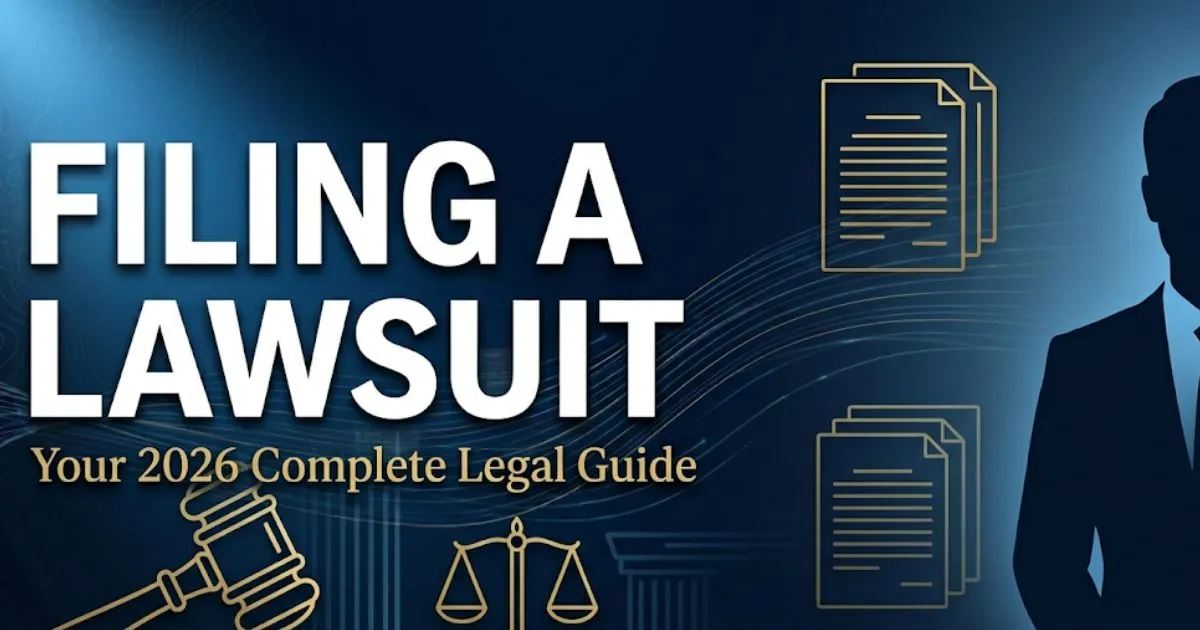 Filing a lawsuit 2026 guide banner with legal scales, gavel icons, and bold headline on deep navy background