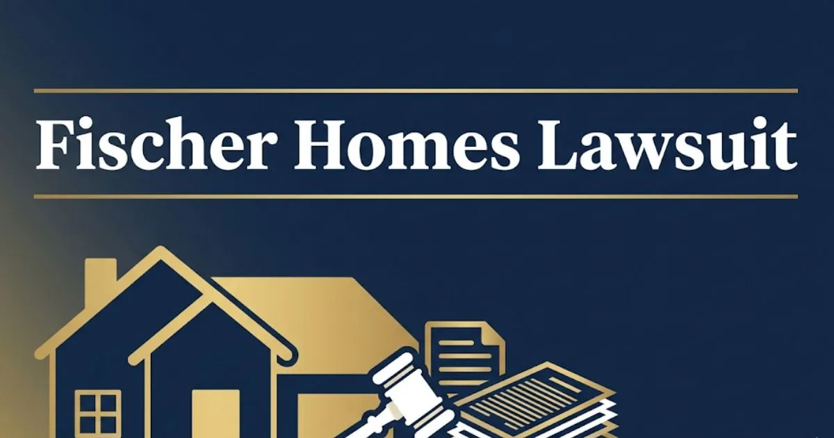 Fischer Homes lawsuit 2026 hero banner with house silhouette, gavel icon, and bold legal headline text on navy background