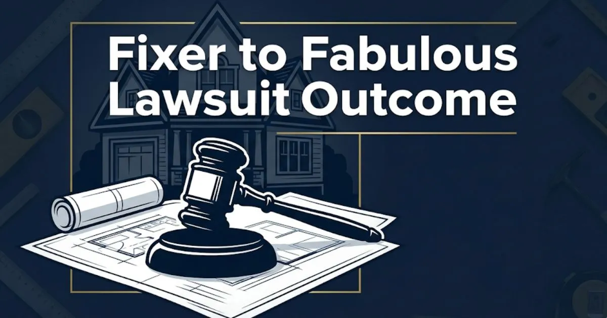 Fixer to Fabulous Lawsuit Outcome 2026 legal blog banner with gavel and house silhouette on navy background