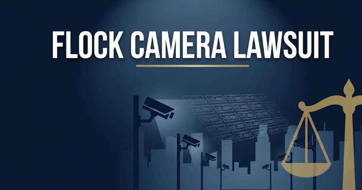 Flock camera lawsuit 2026 banner showing surveillance cameras and license plate data over a deep navy background