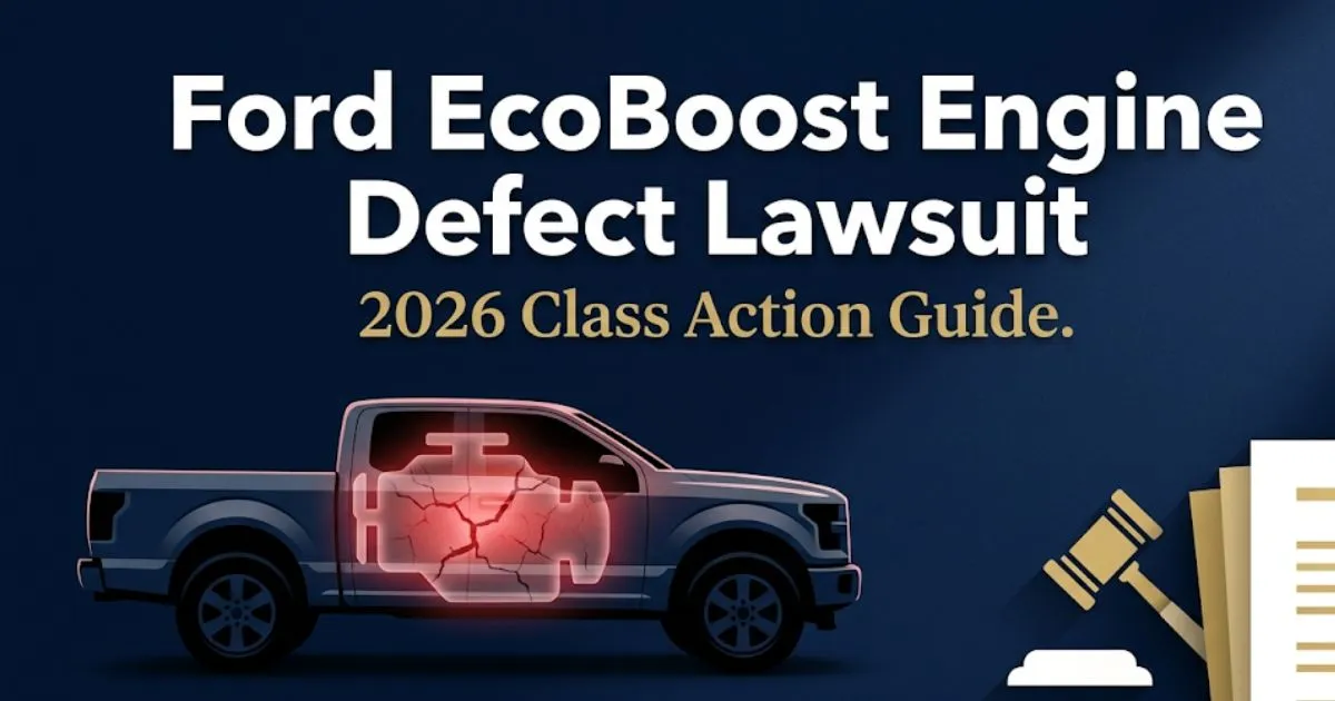 Ford EcoBoost engine defect lawsuit 2026 class action guide hero banner with legal symbols and truck silhouette