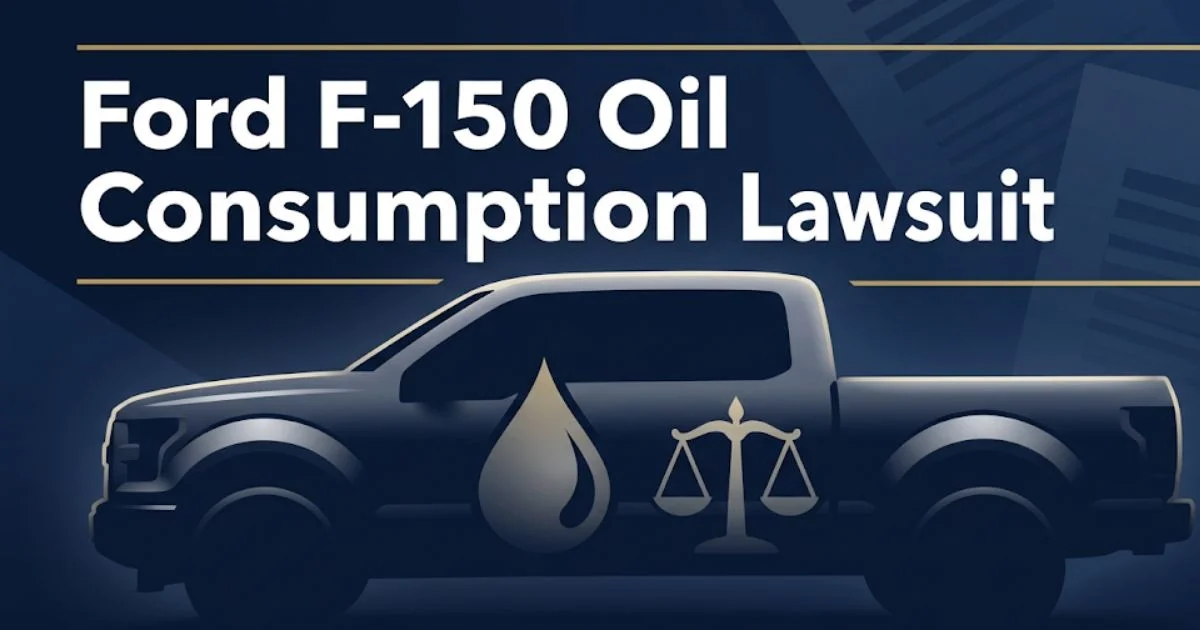 Ford F-150 oil consumption lawsuit 2026 legal guide with truck silhouette and justice scales
