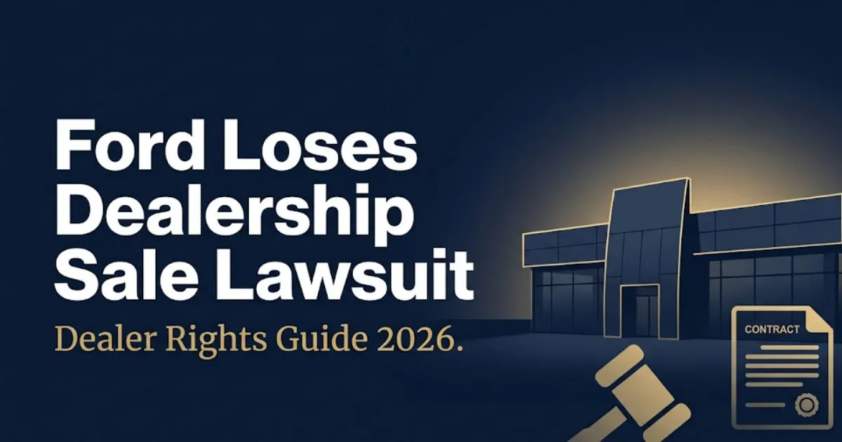 Ford loses dealership sale lawsuit 2026 legal guide hero banner with gavel and dealership silhouette on navy background