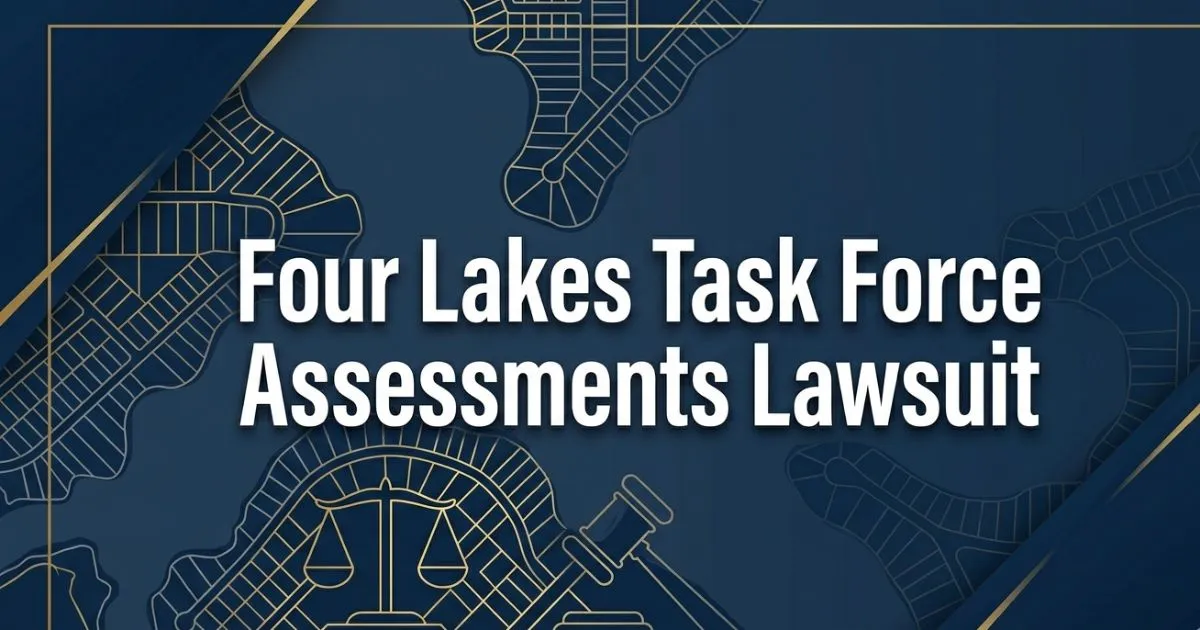 Four Lakes Task Force Assessments Lawsuit 2026 legal guide banner with lake aerial view and legal symbols