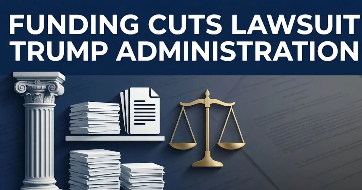 Funding cuts lawsuit Trump administration legal challenge banner with scales of justice and federal documents