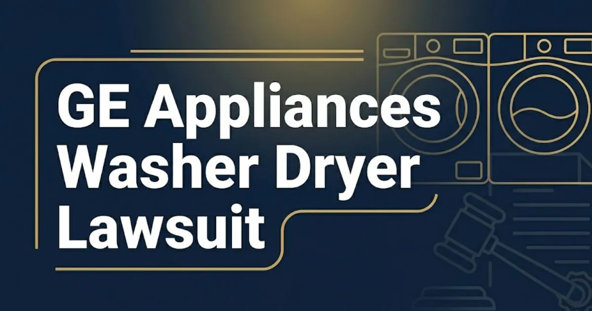 GE appliances washer dryer lawsuit 2026 guide banner with washer dryer silhouette and legal gavel icon on navy background