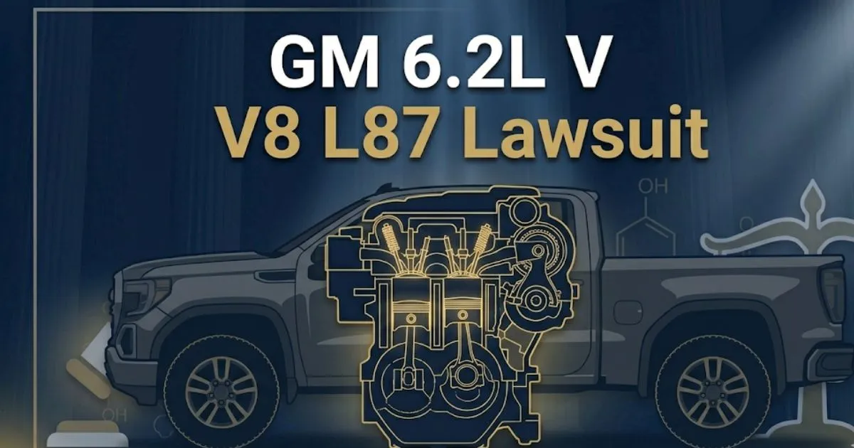 GM 6.2L V8 L87 lawsuit 2026 blog banner with truck silhouette and legal icons