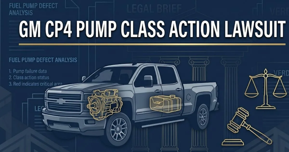 GM CP4 pump class action lawsuit hero banner with truck silhouette and legal imagery