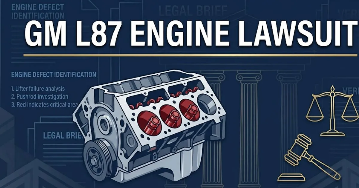 GM L87 engine lawsuit 2026 legal blog banner with V8 engine illustration and defect highlights