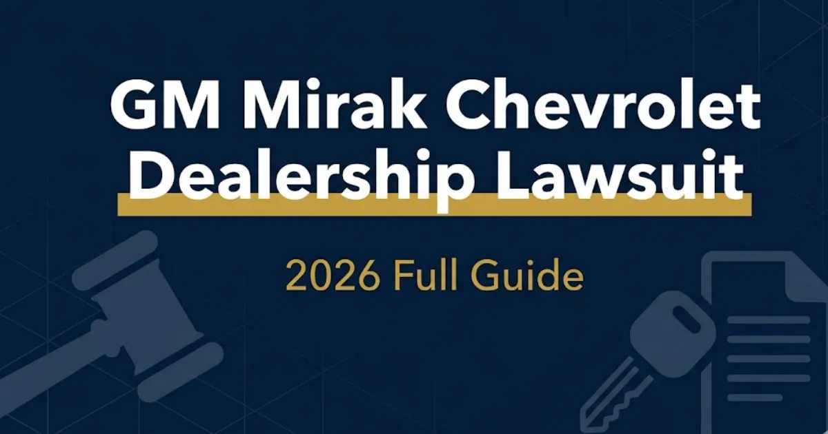 GM Mirak Chevrolet dealership lawsuit 2026 guide banner with legal gavel and car key silhouettes on navy background