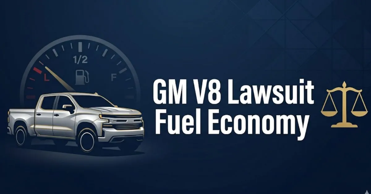 GM V8 lawsuit fuel economy banner with truck silhouette and legal scale icon on navy background
