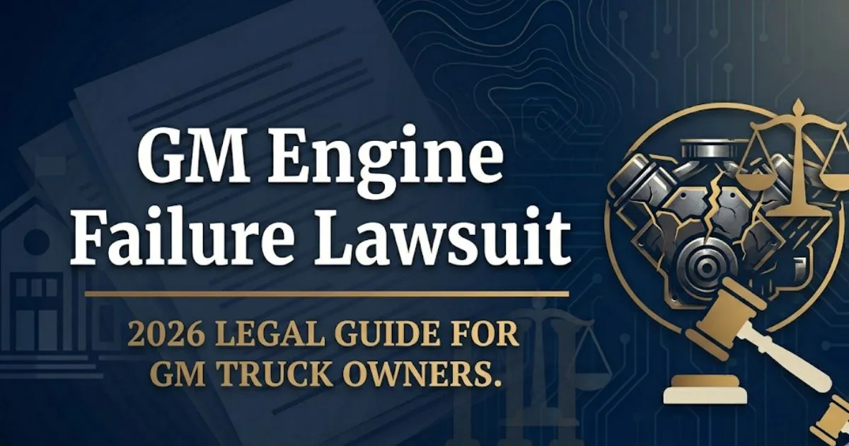 GM engine failure lawsuit 2026 legal guide banner showing cracked V8 engine block with gold fracture lines on navy background