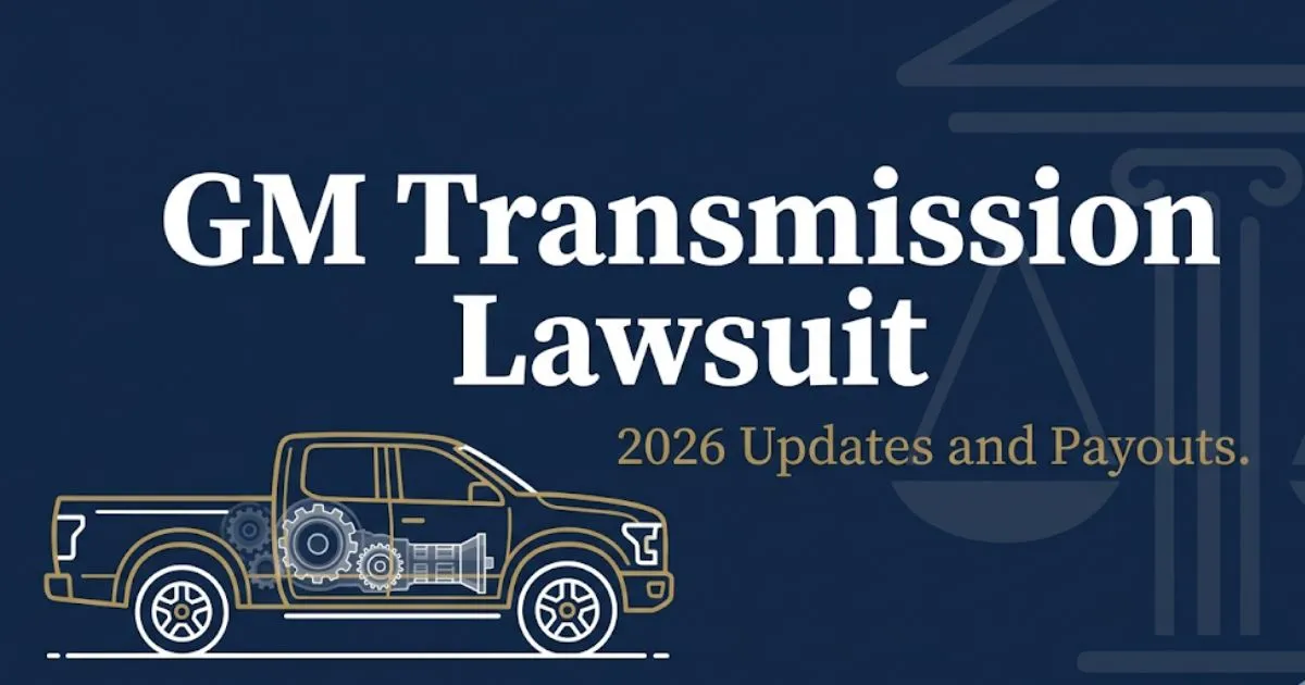 GM transmission lawsuit 2026 blog banner with truck silhouette and legal symbols in navy and gold
