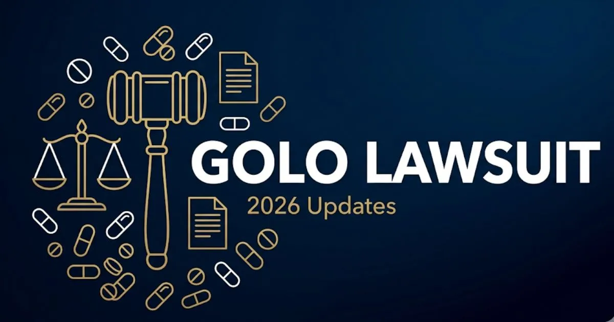 GOLO lawsuit 2026 legal banner with gavel, scales of justice, and supplement pill icons on navy background