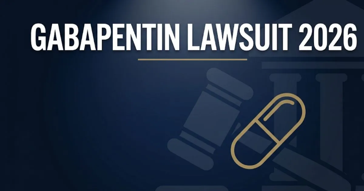 Gabapentin lawsuit 2026 legal banner with gavel and pill icons on a deep navy background with gold accents