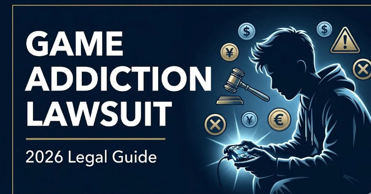 Game addiction lawsuit 2026 legal guide banner showing silhouette gamer and legal gavel icons on navy background.