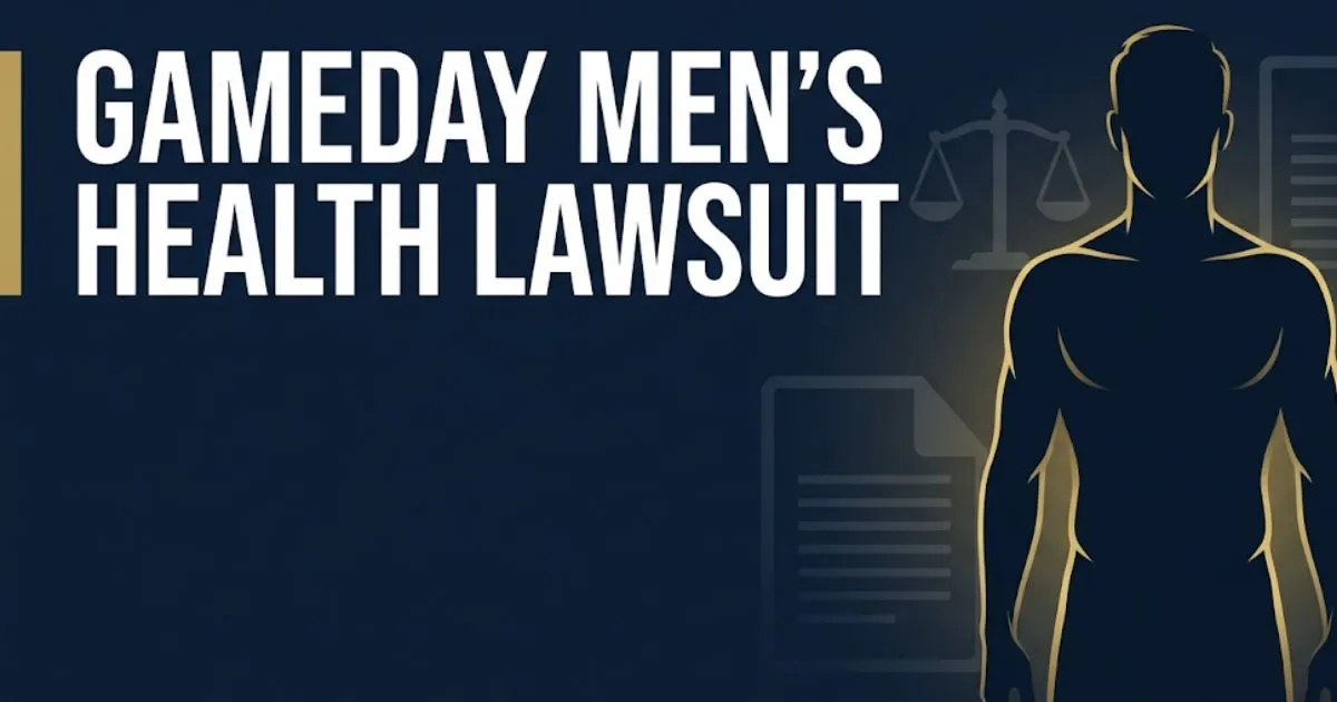Gameday Men's Health lawsuit 2026 hero banner with legal scale icon and men's health silhouette on navy background