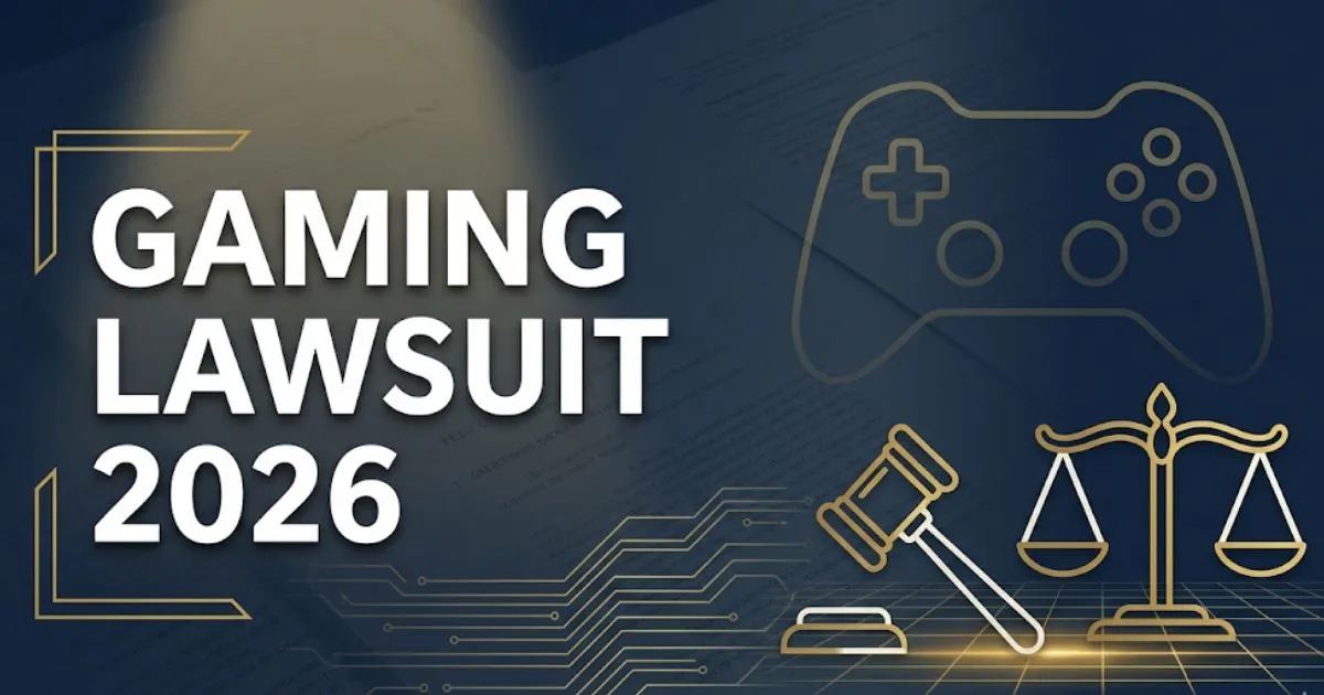 Gaming lawsuit 2026 legal banner with gavel, scales of justice, and controller silhouette on dark navy background