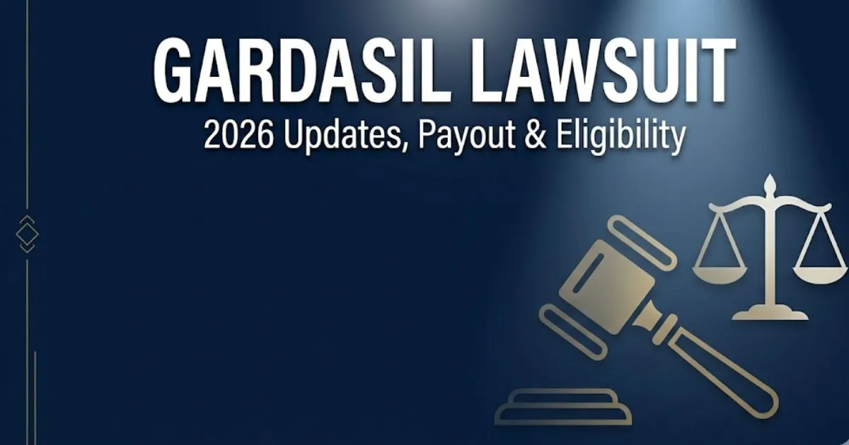 Gardasil lawsuit 2026 legal banner showing title text, scales of justice, and navy blue editorial design background