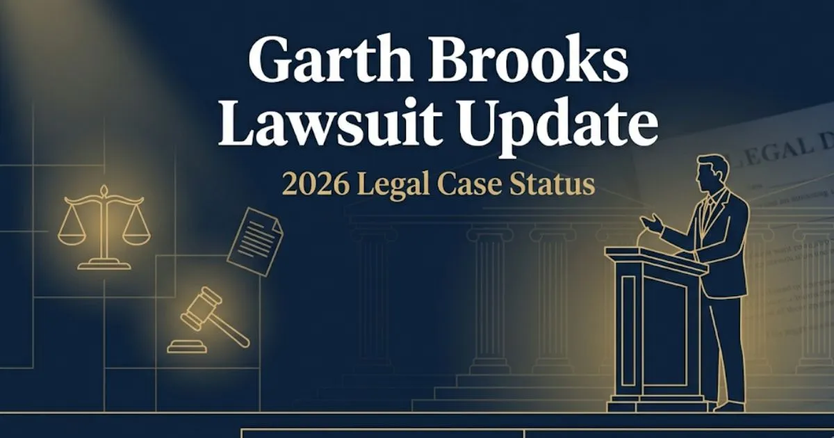 Garth Brooks lawsuit update 2026 editorial banner with courthouse silhouette and legal scales on navy background