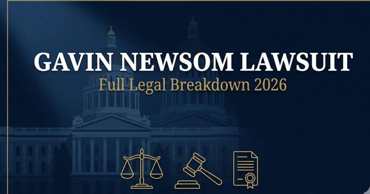 Gavin Newsom lawsuit 2026 legal breakdown banner with California capitol silhouette and scales of justice icons