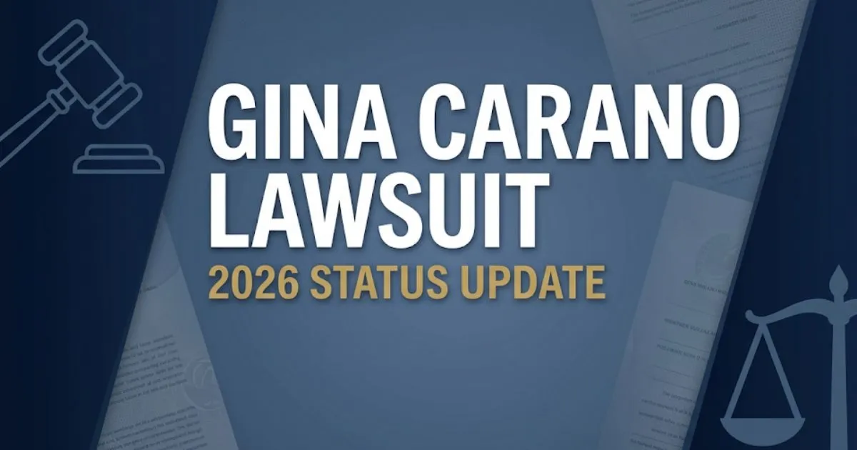 Gina Carano lawsuit 2026 status update legal banner with courtroom scales and gavel imagery