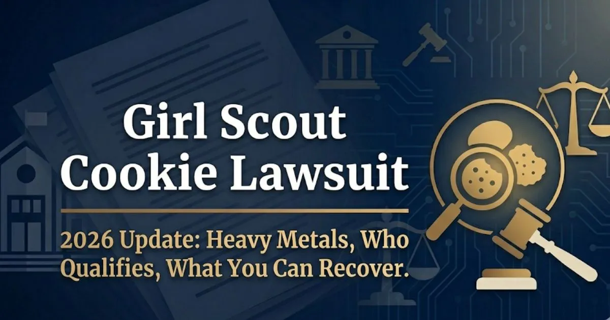 Girl Scout Cookie Lawsuit 2026 banner showing legal scales and cookie silhouette on navy background INPUT MAIN KEYWORD {{girl scout cookie lawsuit}} CLUSTER KEYWORDS {{girl scout cookie heav