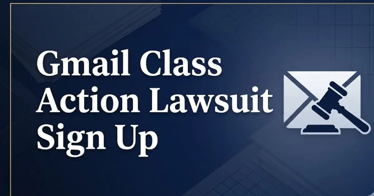 Gmail class action lawsuit sign up 2026 legal guide hero banner with gavel and email icon