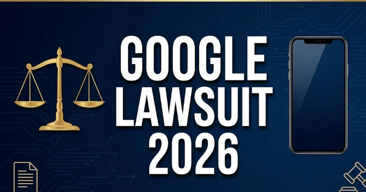 Google lawsuit 2026 settlement information guide with legal scale and technology symbols on navy background