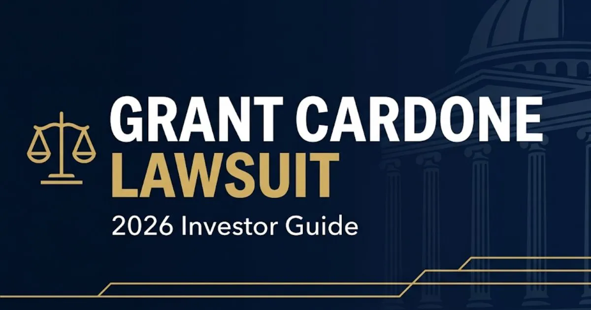 Grant Cardone lawsuit 2026 investor guide banner with legal scales icon on dark navy background