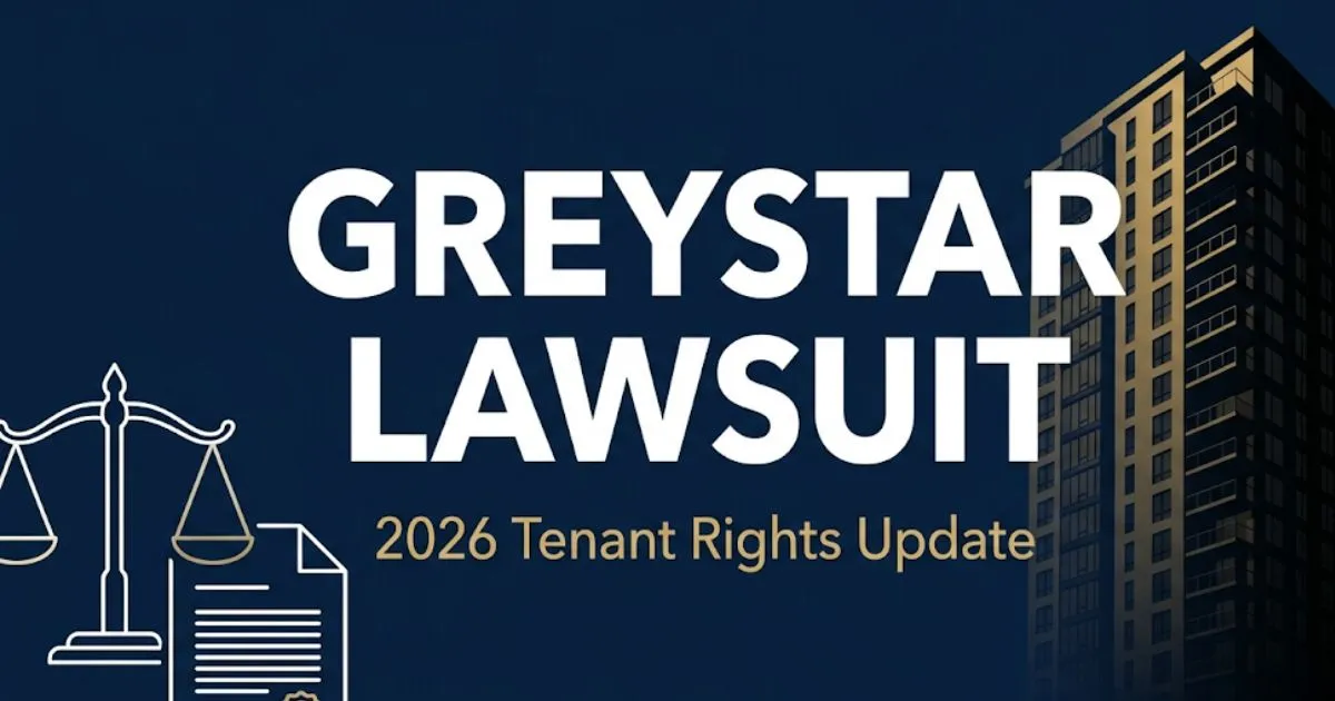 Greystar lawsuit 2026 hero banner with legal scale icons and apartment silhouette on navy background