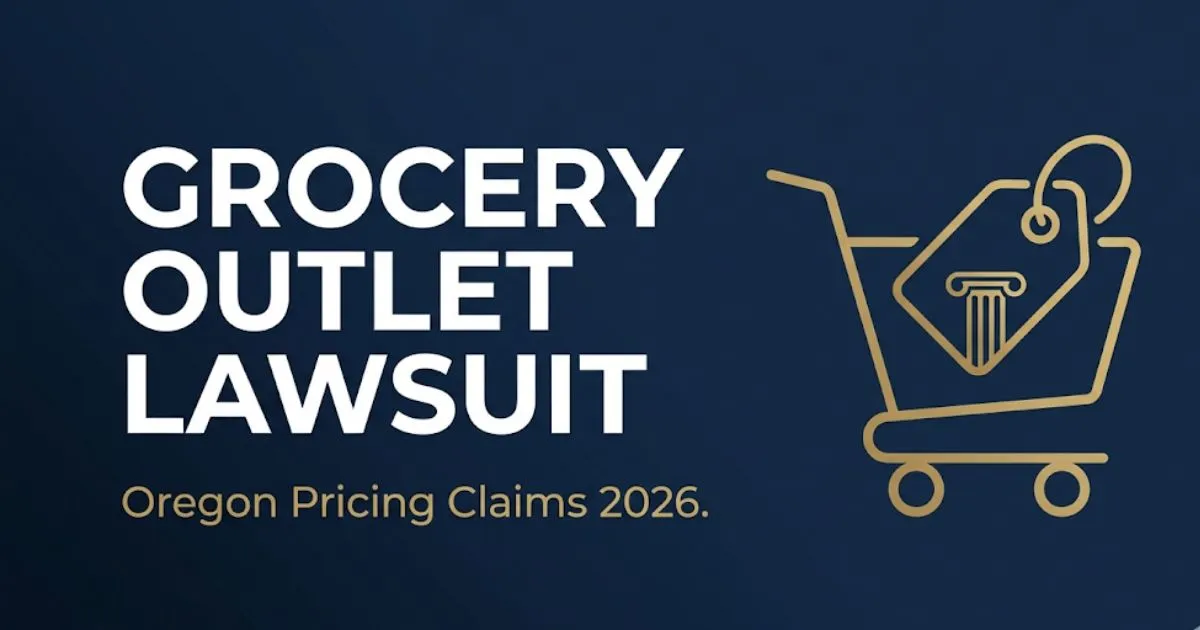 Grocery Outlet lawsuit 2026 Oregon pricing claims banner with shopping cart and courthouse icons on navy background