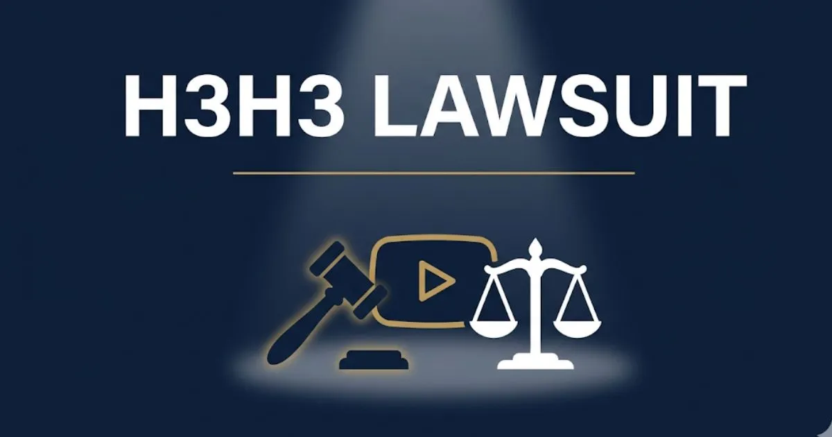 H3H3 lawsuit legal history banner with gavel and scales of justice on navy background, 2026 update