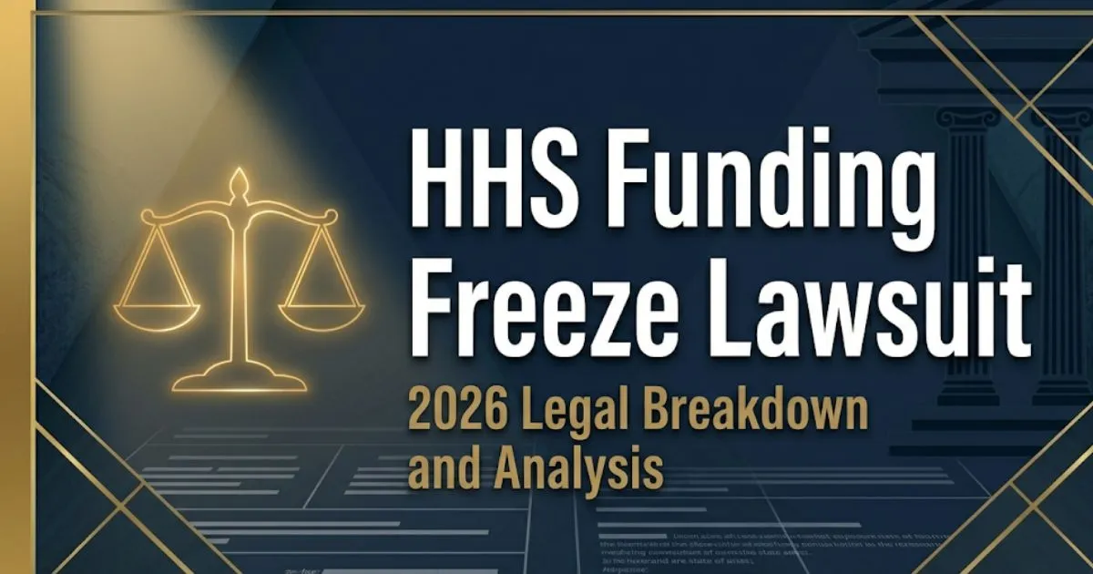 HHS funding freeze lawsuit 2026 legal guide banner with scales of justice on navy background