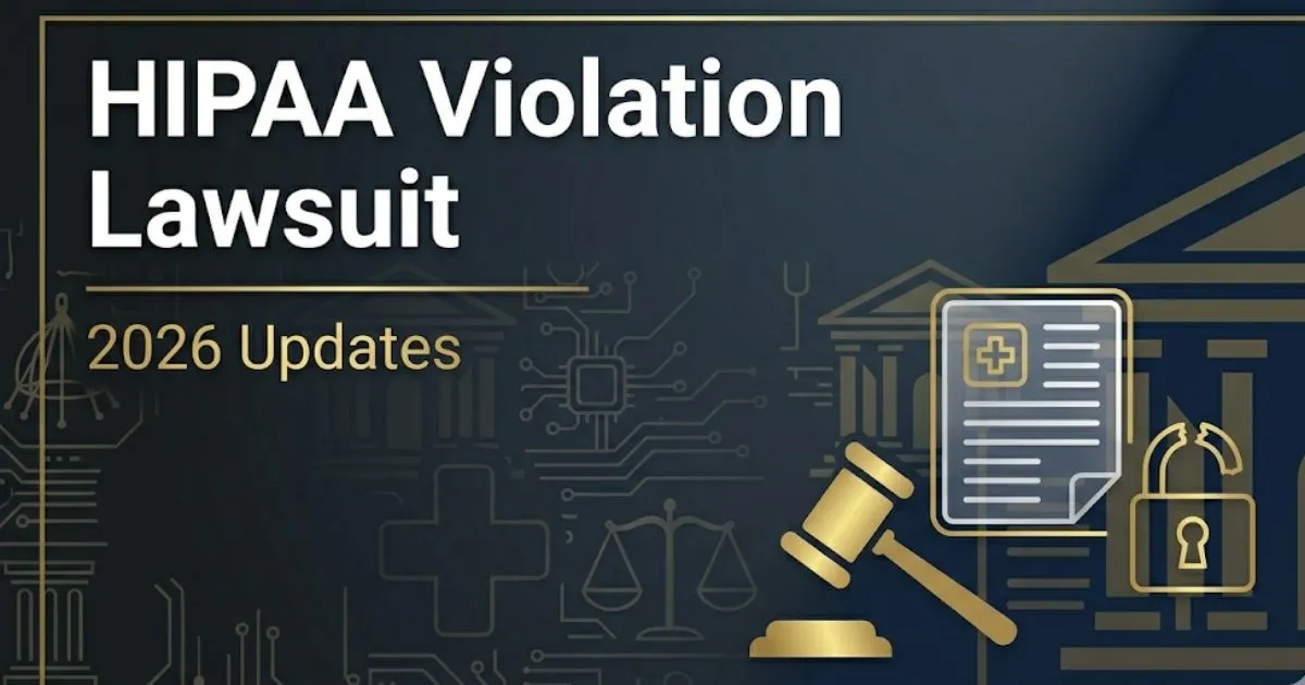 HIPAA violation lawsuit 2026 hero banner with courthouse silhouette and digital records icon on navy background