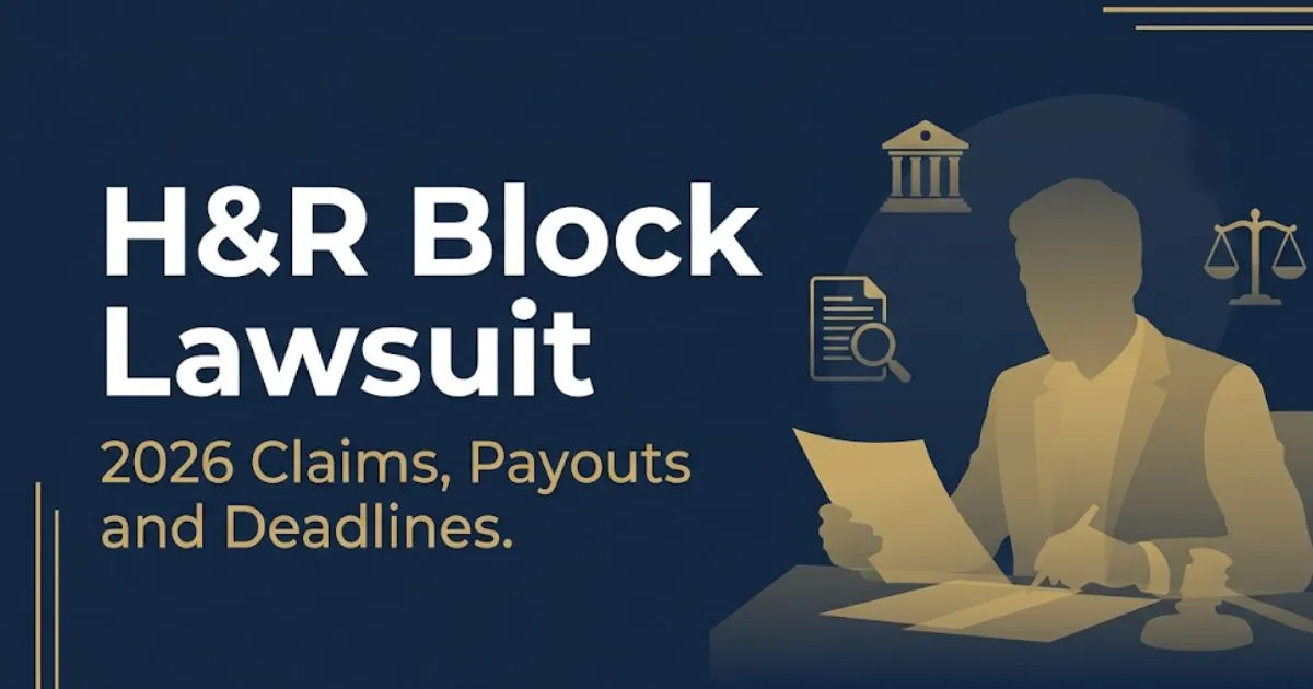 H&R Block lawsuit 2026 banner showing legal icons, settlement claims, and payout deadline information for affected customers