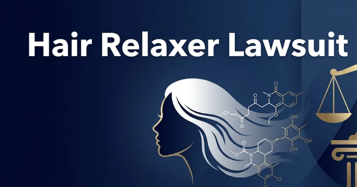 Hair relaxer lawsuit 2026 legal guide banner with woman silhouette and scales of justice